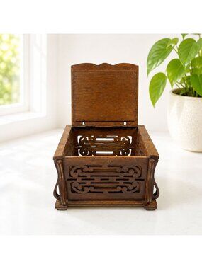 Vintage Wooden Hand-Carved Hinged Decorative Box With Ornate Cutouts - 6.5"x6.5"